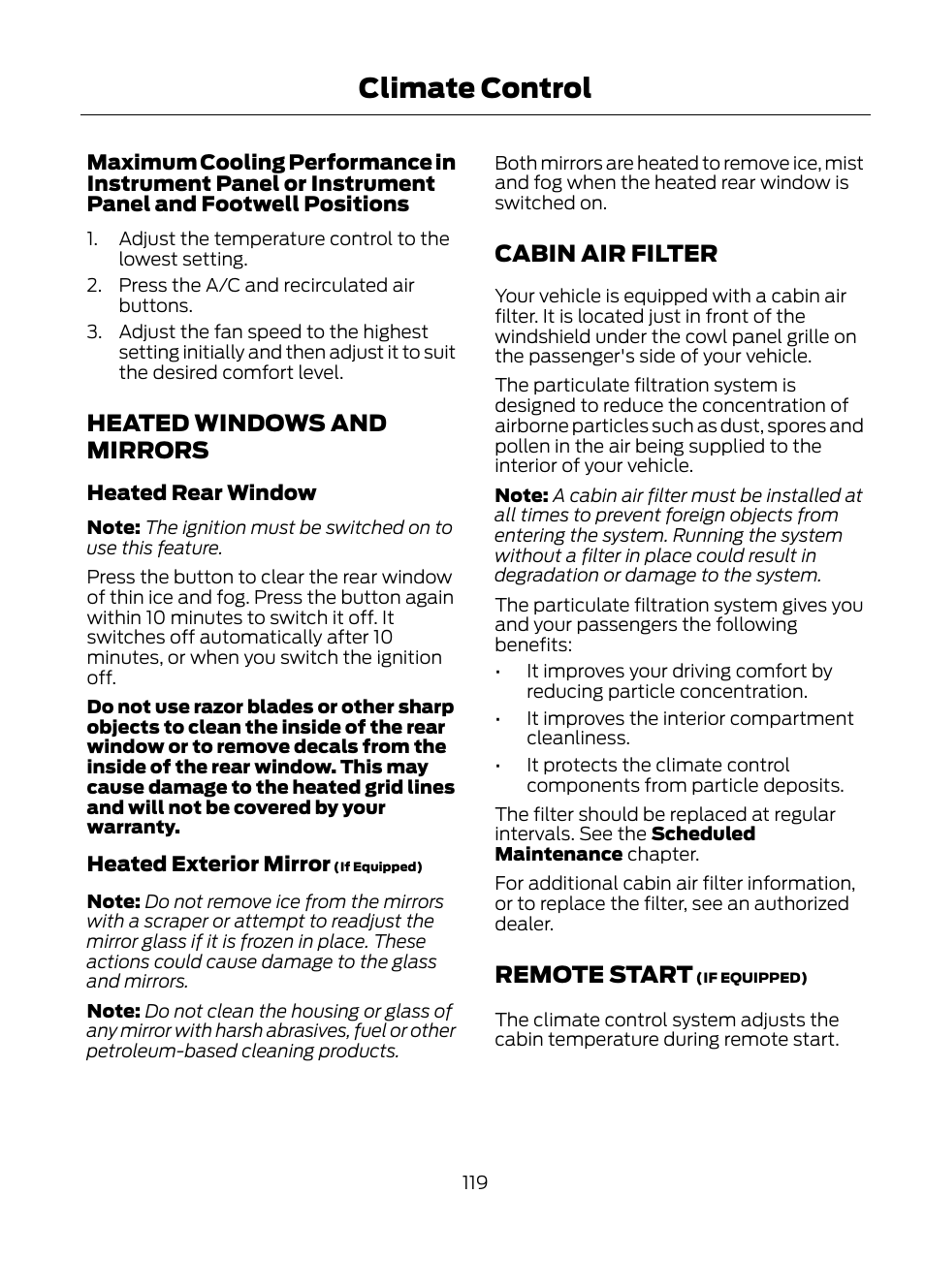 Climate control, Heated windows and mirrors, Cabin air filter | Remote start | FORD 2013 Escape v.1 User Manual | Page 119 / 423