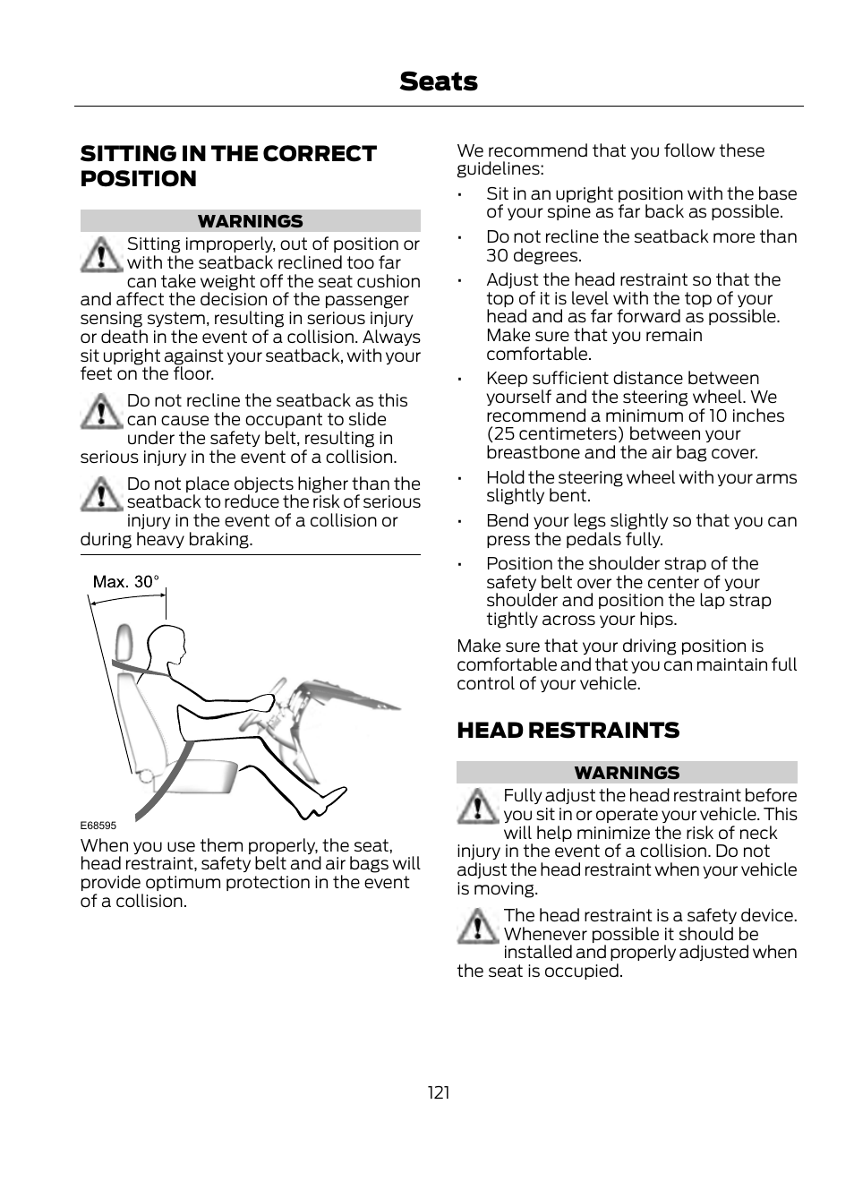 Seats, Sitting in the correct position head restraints, Sitting in the correct position | Head restraints | FORD 2013 Escape v.1 User Manual | Page 121 / 423