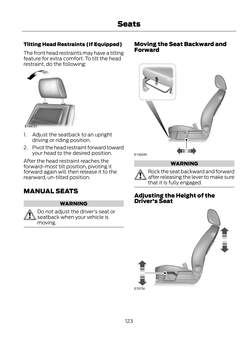 Manual seats, Seats | FORD 2013 Escape v.1 User Manual | Page 123 / 423