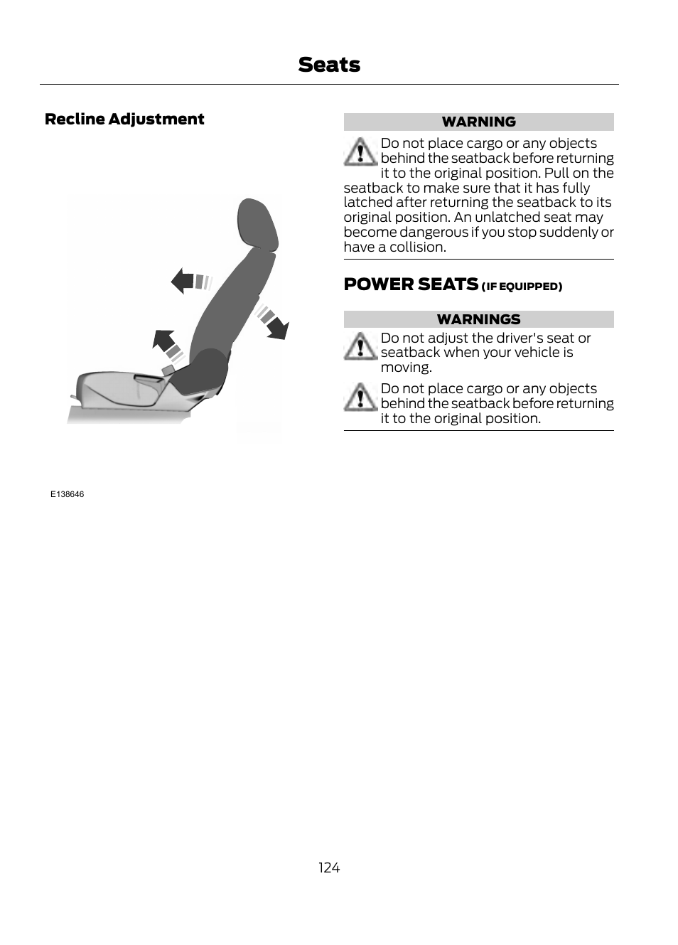 Power seats, Seats | FORD 2013 Escape v.1 User Manual | Page 124 / 423