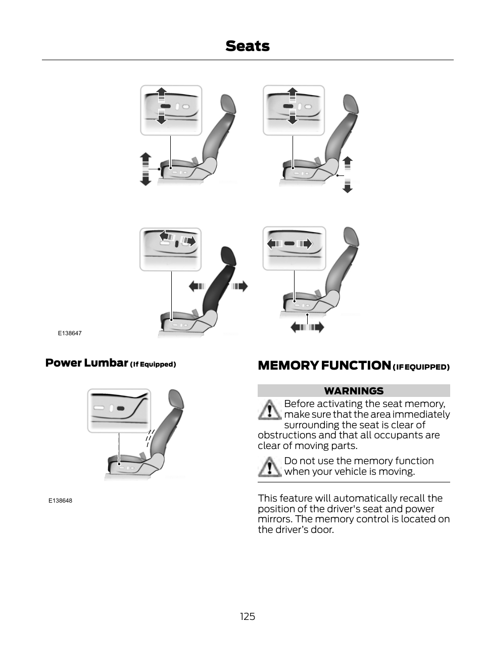 Memory function, Seats, Power lumbar | FORD 2013 Escape v.1 User Manual | Page 125 / 423