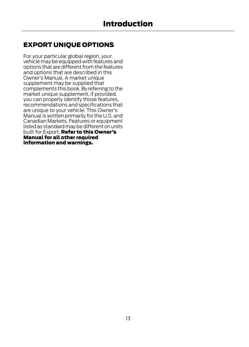 Export unique options, Introduction | FORD 2013 Escape v.1 User Manual | Page 13 / 423