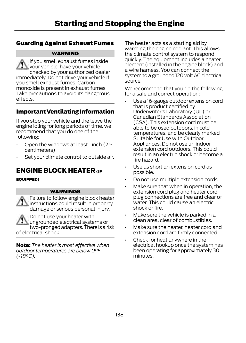 Engine block heater, Starting and stopping the engine | FORD 2013 Escape v.1 User Manual | Page 138 / 423