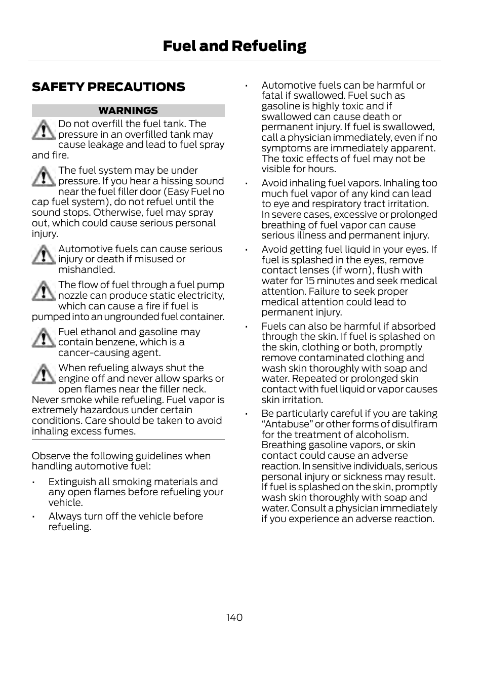 Fuel and refueling, Safety precautions | FORD 2013 Escape v.1 User Manual | Page 140 / 423