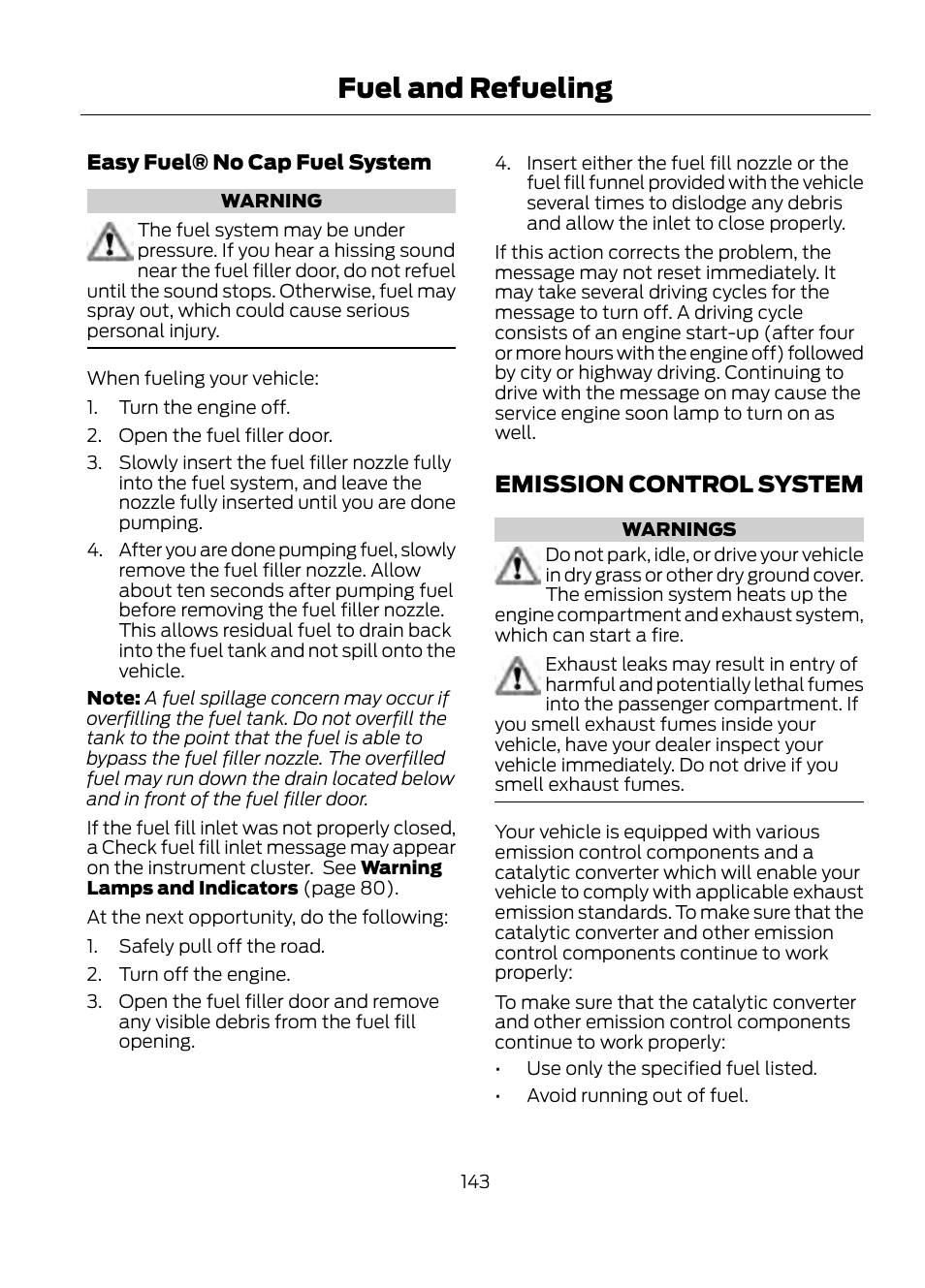 Emission control system, Fuel and refueling | FORD 2013 Escape v.1 User Manual | Page 143 / 423