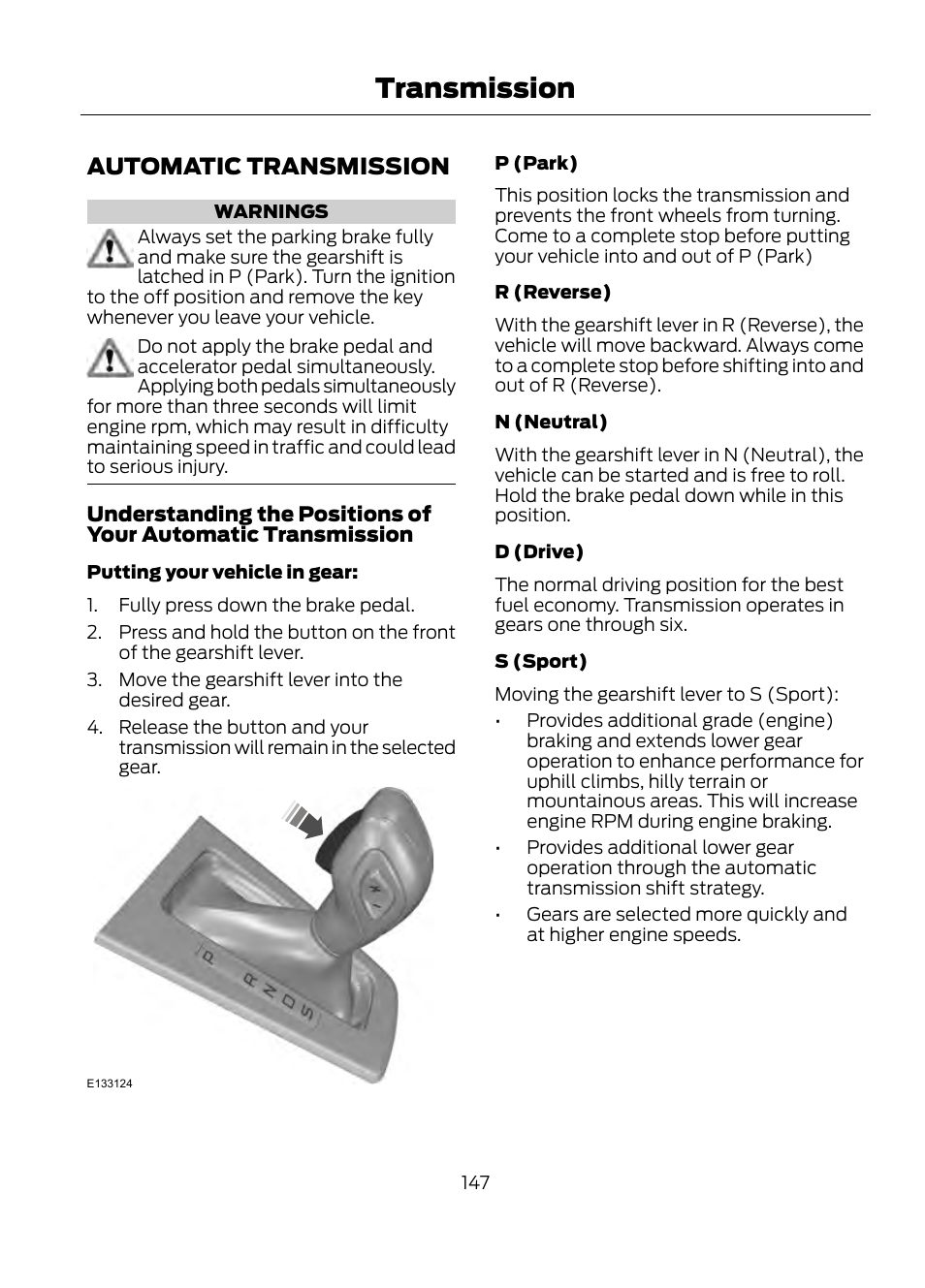 Transmission, Automatic transmission | FORD 2013 Escape v.1 User Manual | Page 147 / 423