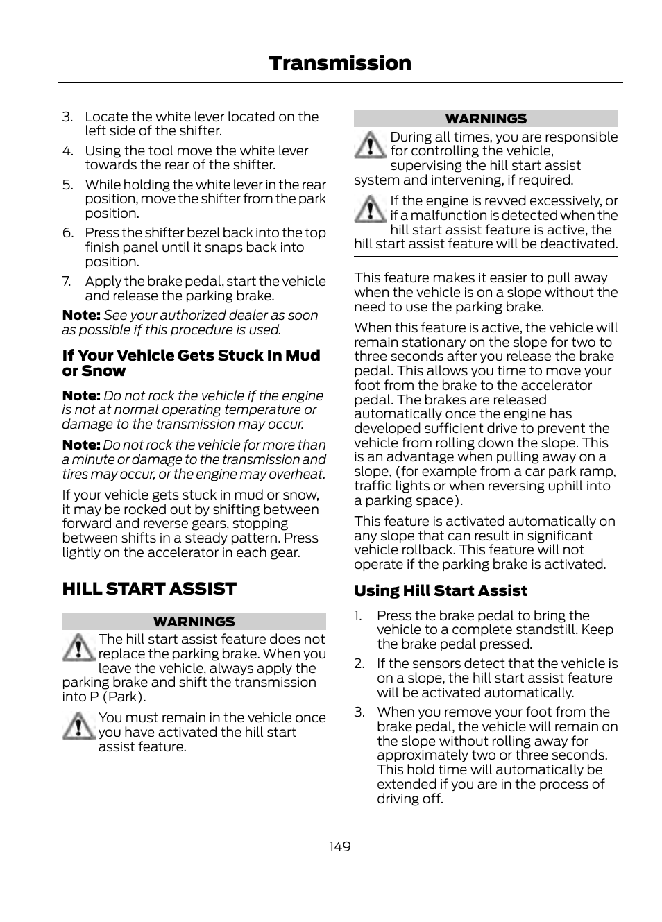 Hill start assist, See hill start, Transmission | FORD 2013 Escape v.1 User Manual | Page 149 / 423