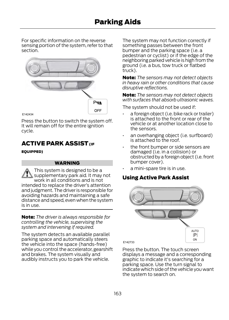 Parking aids, Active park assist | FORD 2013 Escape v.1 User Manual | Page 163 / 423