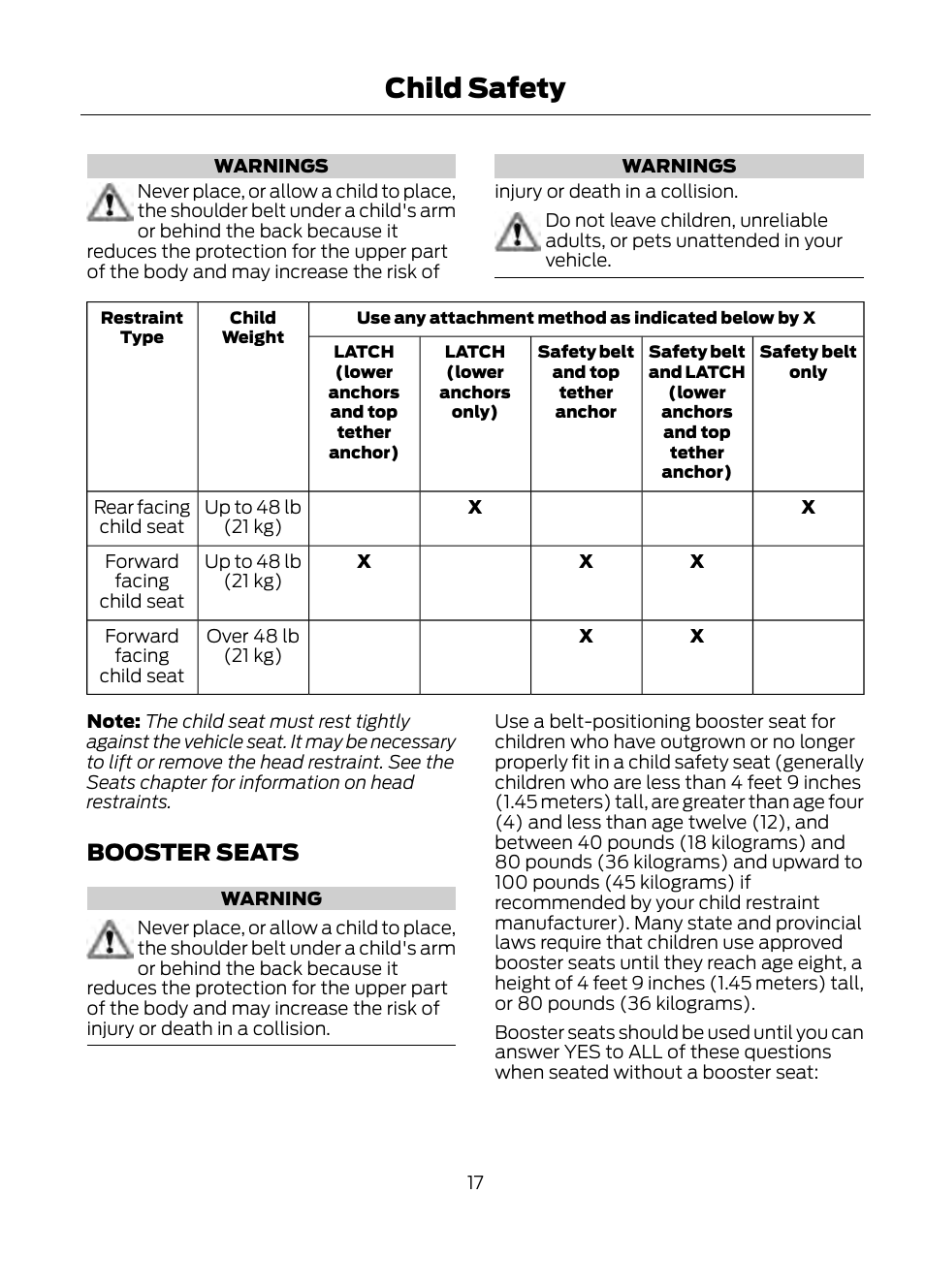 Booster seats, Child safety | FORD 2013 Escape v.1 User Manual | Page 17 / 423