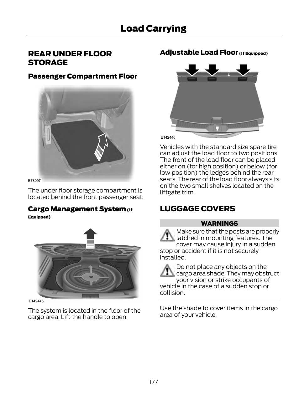 Load carrying, Rear under floor storage luggage covers, Rear under floor storage | Luggage covers, Passenger compartment floor, Cargo management system, Adjustable load floor | FORD 2013 Escape v.1 User Manual | Page 177 / 423