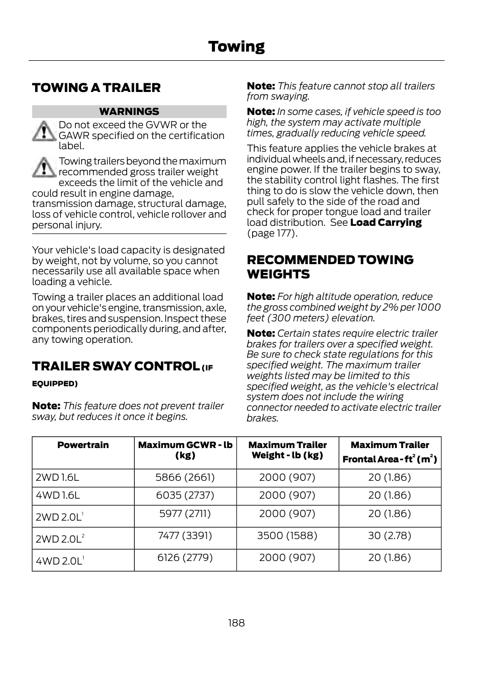 Towing, Towing a trailer, Trailer sway control | Recommended towing weights | FORD 2013 Escape v.1 User Manual | Page 188 / 423