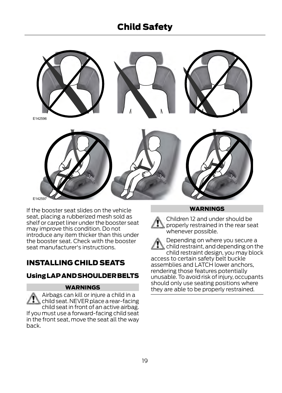 Installing child seats, Child safety | FORD 2013 Escape v.1 User Manual | Page 19 / 423