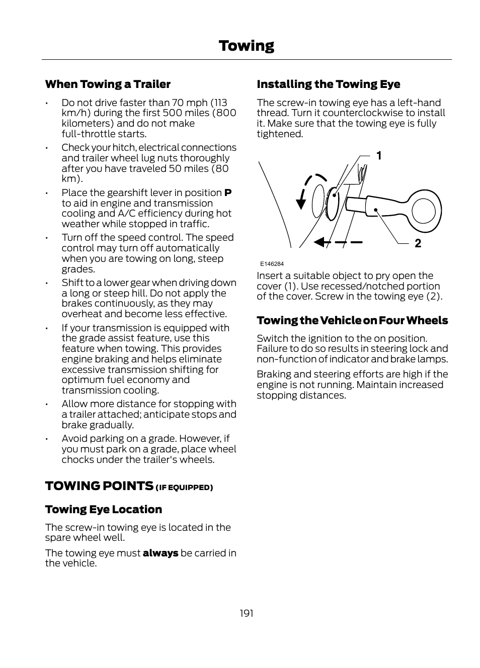 Towing points, Towing | FORD 2013 Escape v.1 User Manual | Page 191 / 423