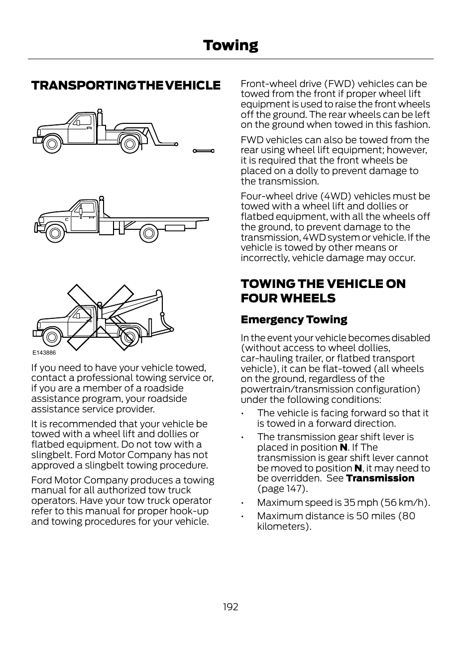 Towing, Transporting the vehicle, Towing the vehicle on four wheels | FORD 2013 Escape v.1 User Manual | Page 192 / 423