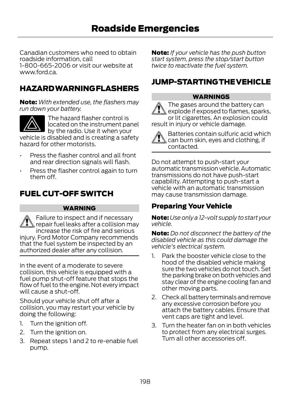 Roadside emergencies, Hazard warning flashers, Fuel cut-off switch | Jump-starting the vehicle | FORD 2013 Escape v.1 User Manual | Page 198 / 423