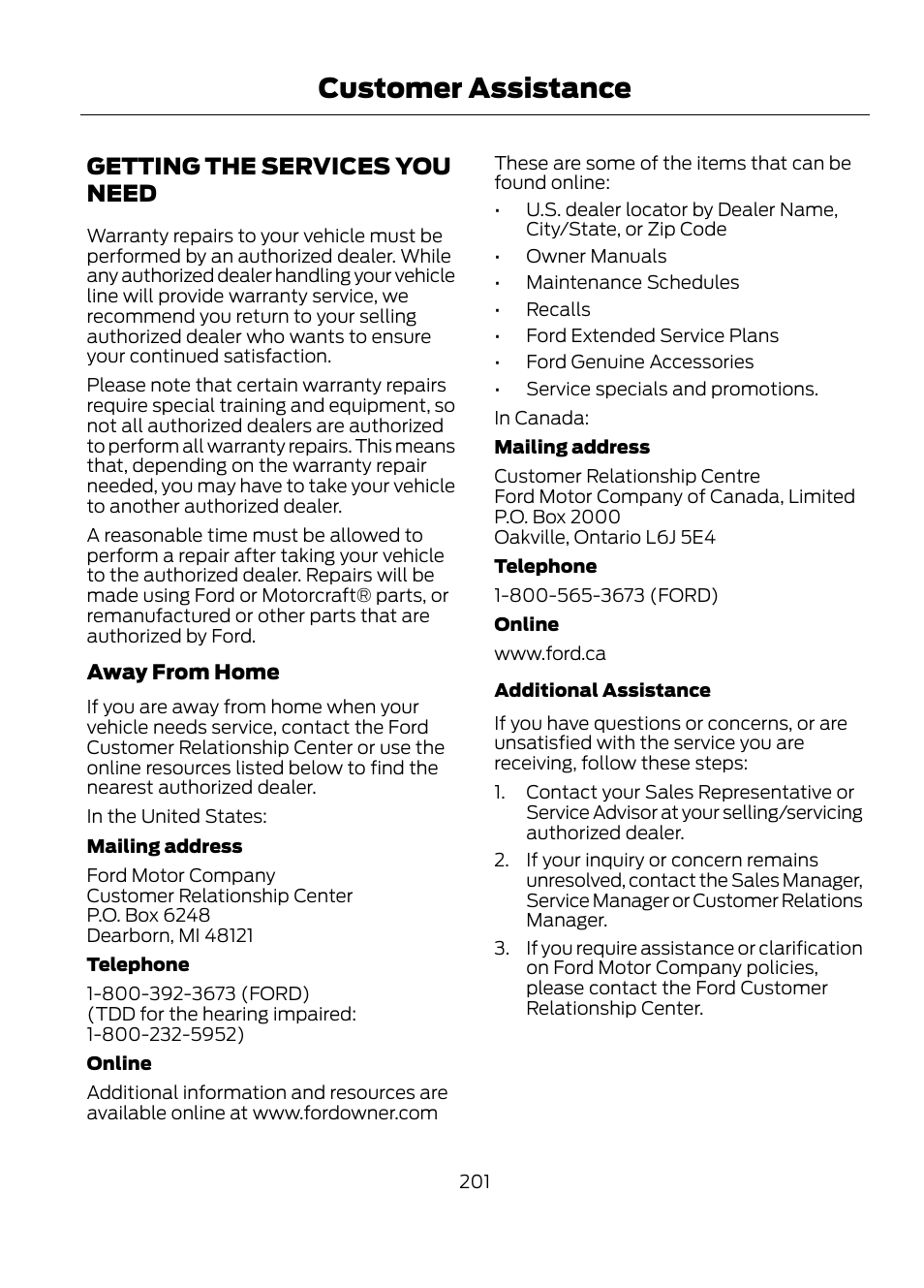 Customer assistance, Getting the services you need | FORD 2013 Escape v.1 User Manual | Page 201 / 423