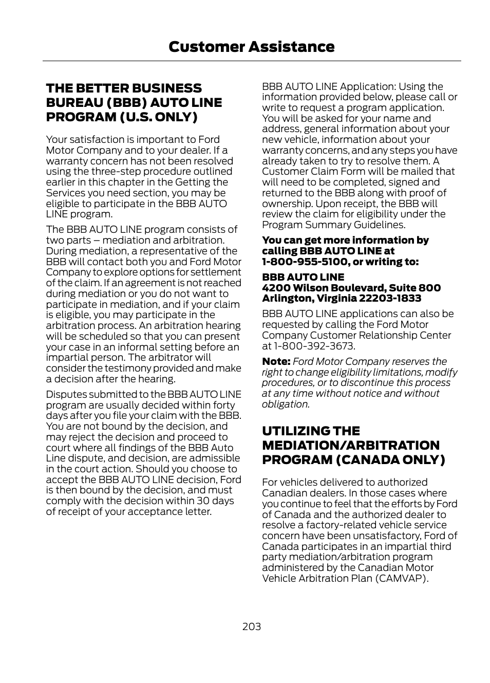 The better business bureau (bbb) auto, Line program (u.s. only), Utilizing the mediation/arbitration | Program (canada only), Customer assistance | FORD 2013 Escape v.1 User Manual | Page 203 / 423