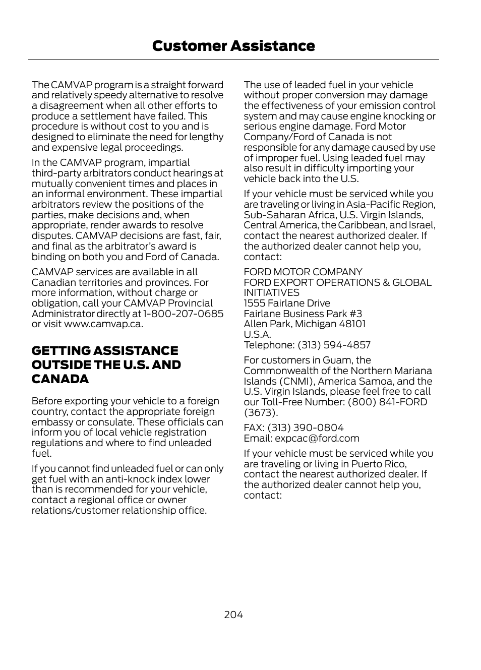 Getting assistance outside the u.s. and, Canada, Customer assistance | Getting assistance outside the u.s. and canada | FORD 2013 Escape v.1 User Manual | Page 204 / 423