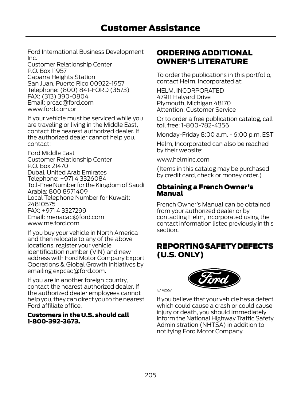 Ordering additional owner's, Literature, Reporting safety defects (u.s | Only), Customer assistance, Ordering additional owner's literature, Reporting safety defects (u.s. only) | FORD 2013 Escape v.1 User Manual | Page 205 / 423