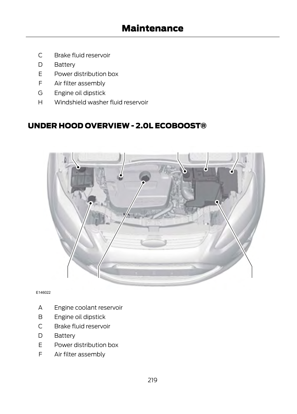 Under hood overview - 2.0l, Ecoboost, Maintenance | FORD 2013 Escape v.1 User Manual | Page 219 / 423