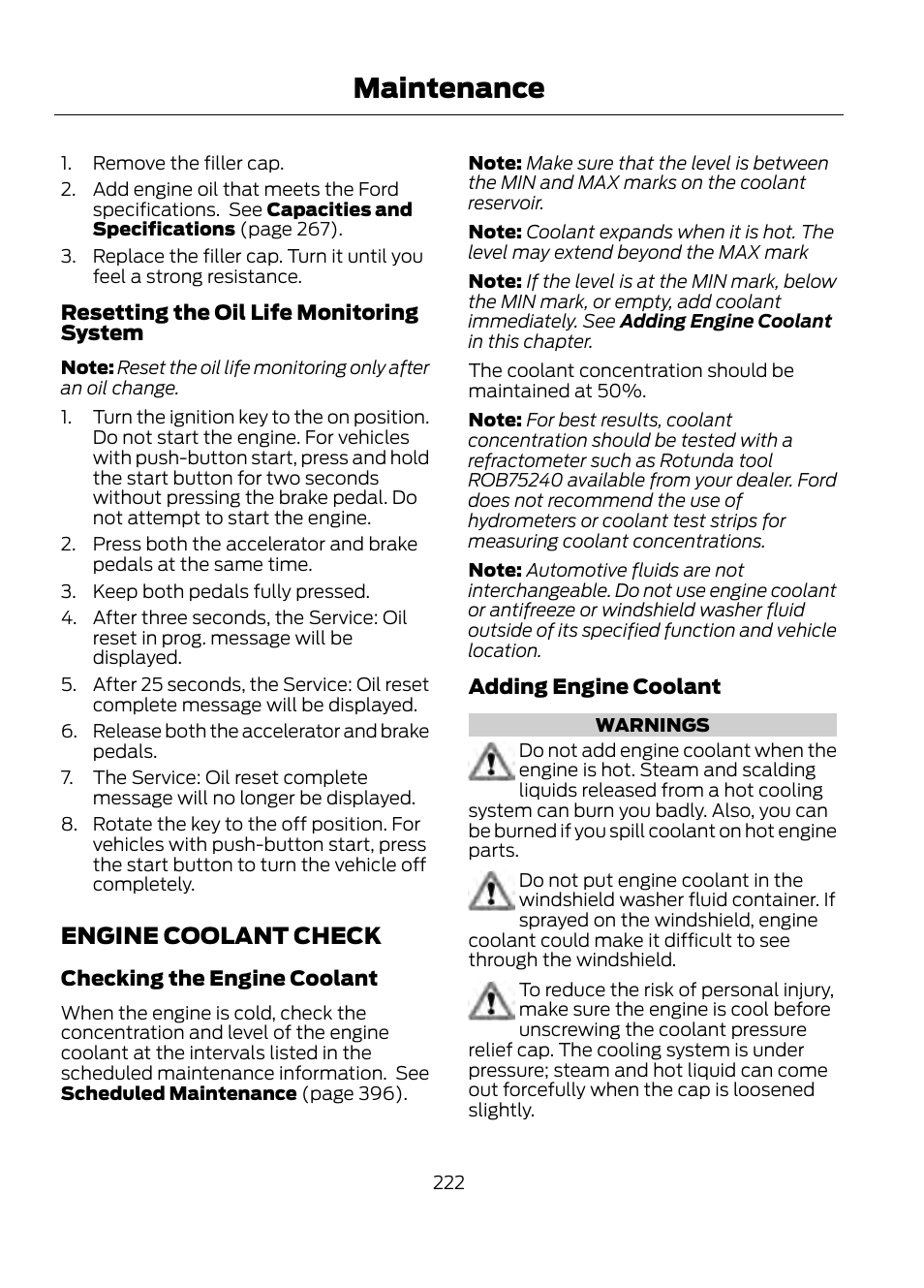 Engine coolant check, See engine, Maintenance | FORD 2013 Escape v.1 User Manual | Page 222 / 423