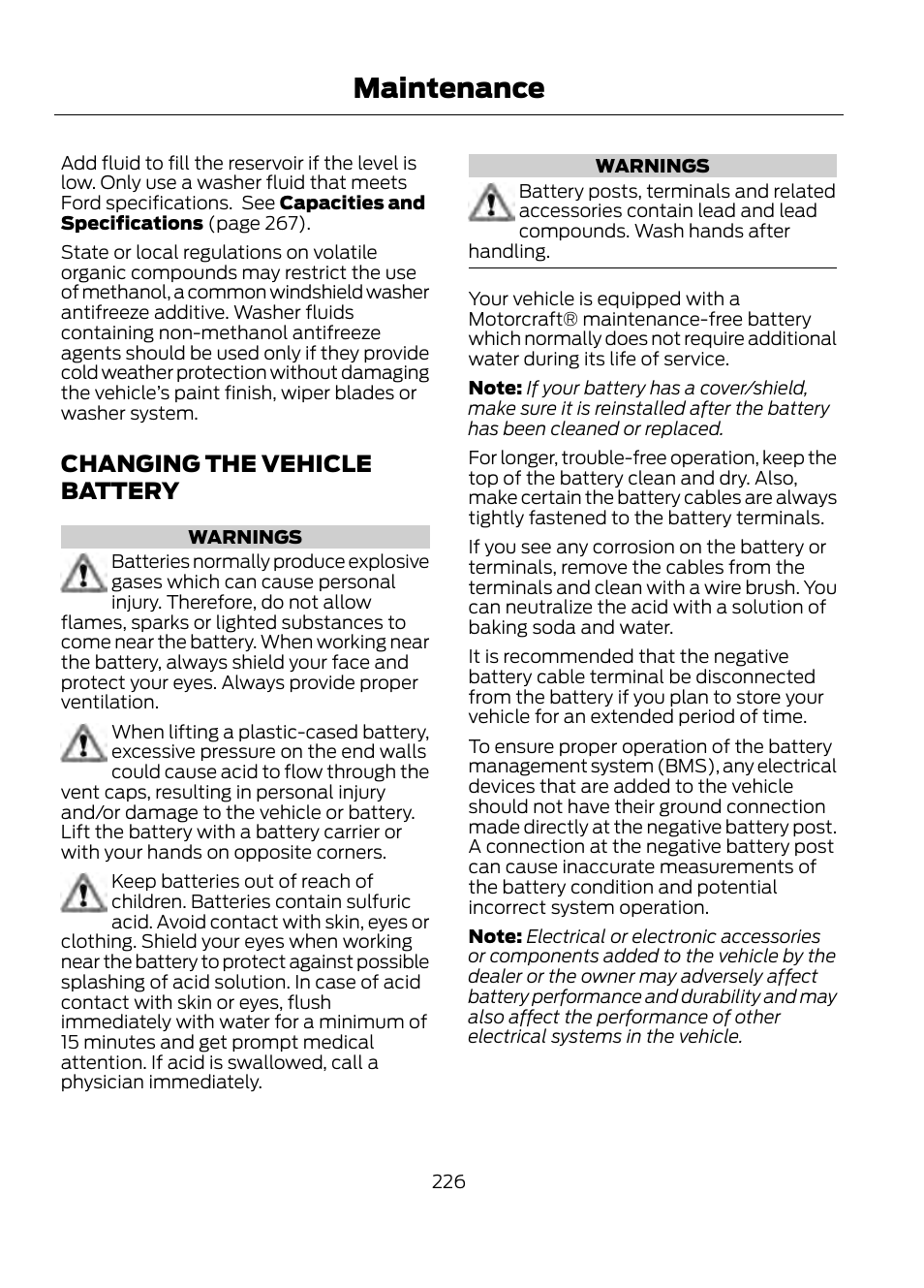 Changing the vehicle battery, Maintenance | FORD 2013 Escape v.1 User Manual | Page 226 / 423