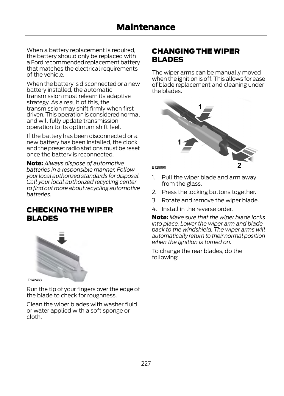 Maintenance, Checking the wiper blades, Changing the wiper blades | FORD 2013 Escape v.1 User Manual | Page 227 / 423