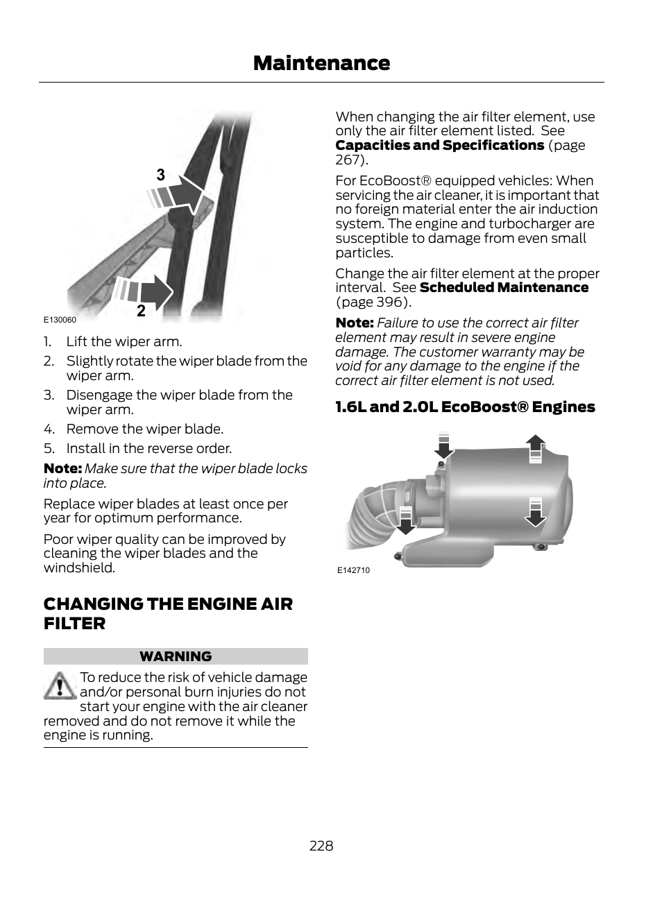 Changing the engine air filter, Maintenance | FORD 2013 Escape v.1 User Manual | Page 228 / 423