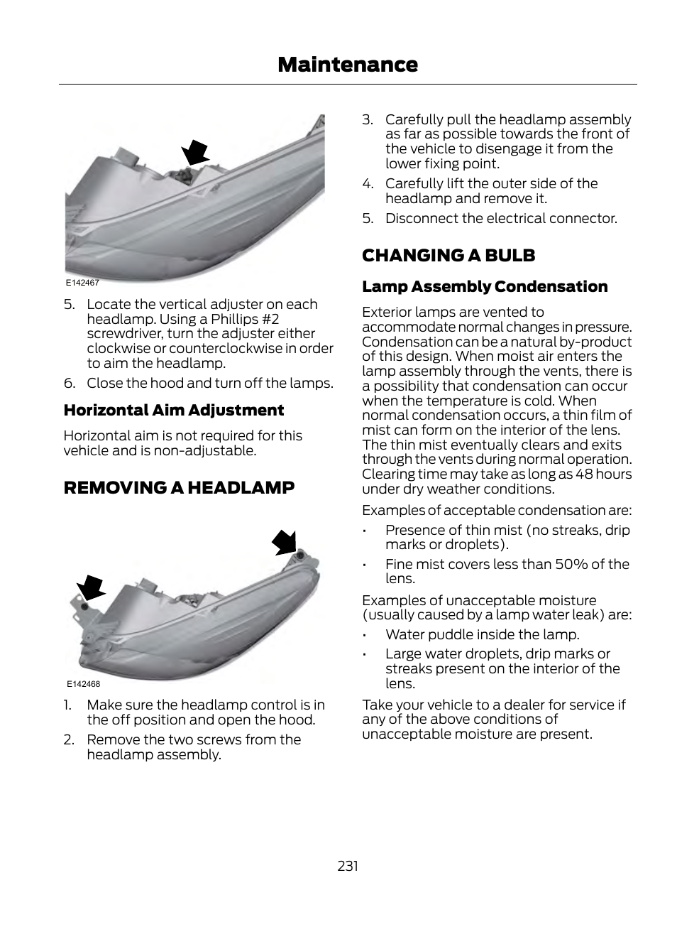 Removing a headlamp changing a bulb, Maintenance, Removing a headlamp 2 2 | Changing a bulb | FORD 2013 Escape v.1 User Manual | Page 231 / 423