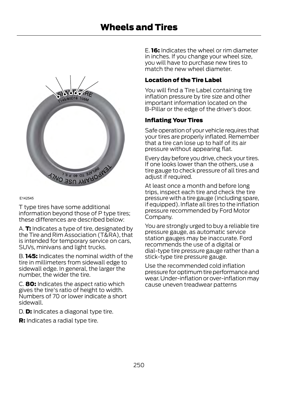 Wheels and tires, Ab c d e | FORD 2013 Escape v.1 User Manual | Page 250 / 423