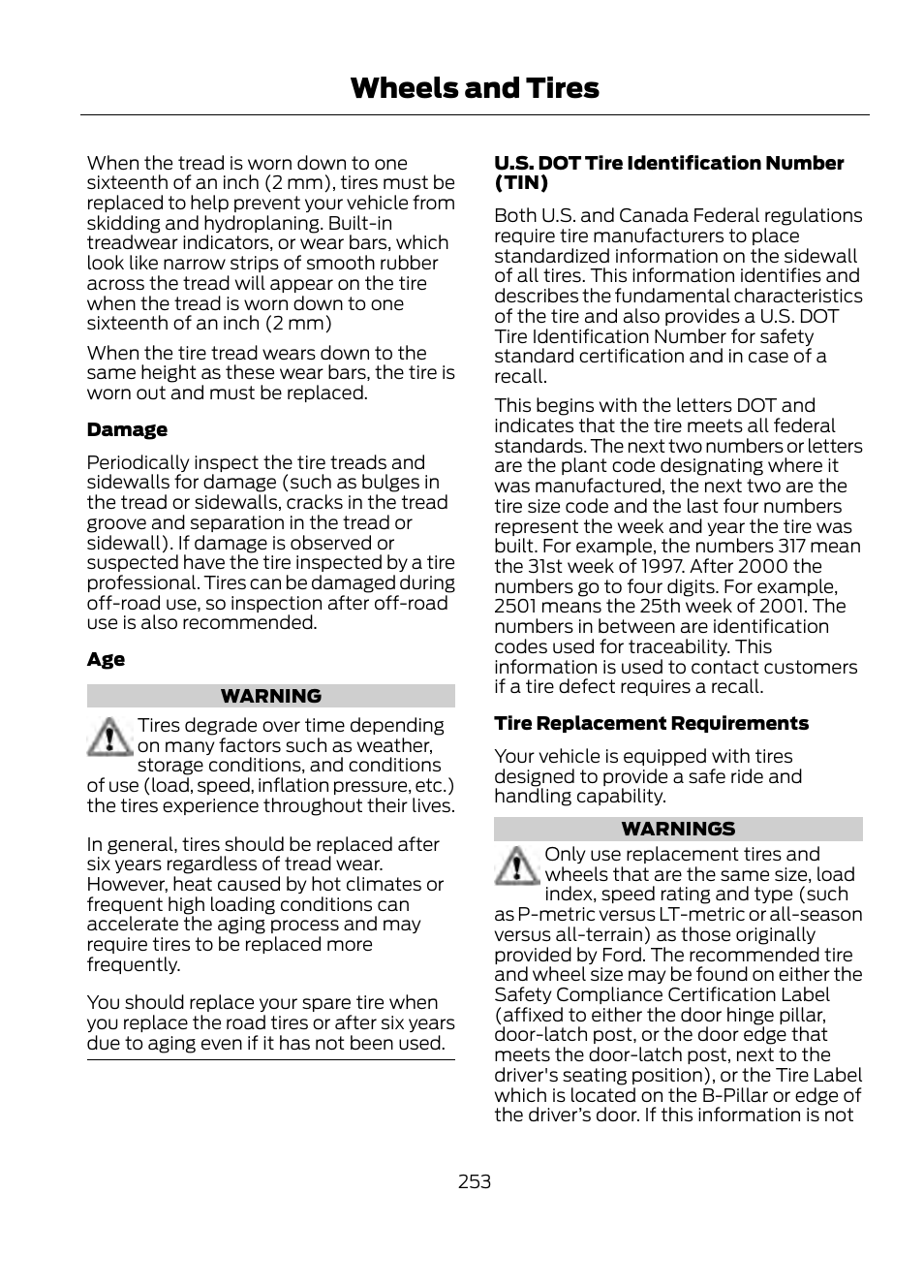 Wheels and tires | FORD 2013 Escape v.1 User Manual | Page 253 / 423