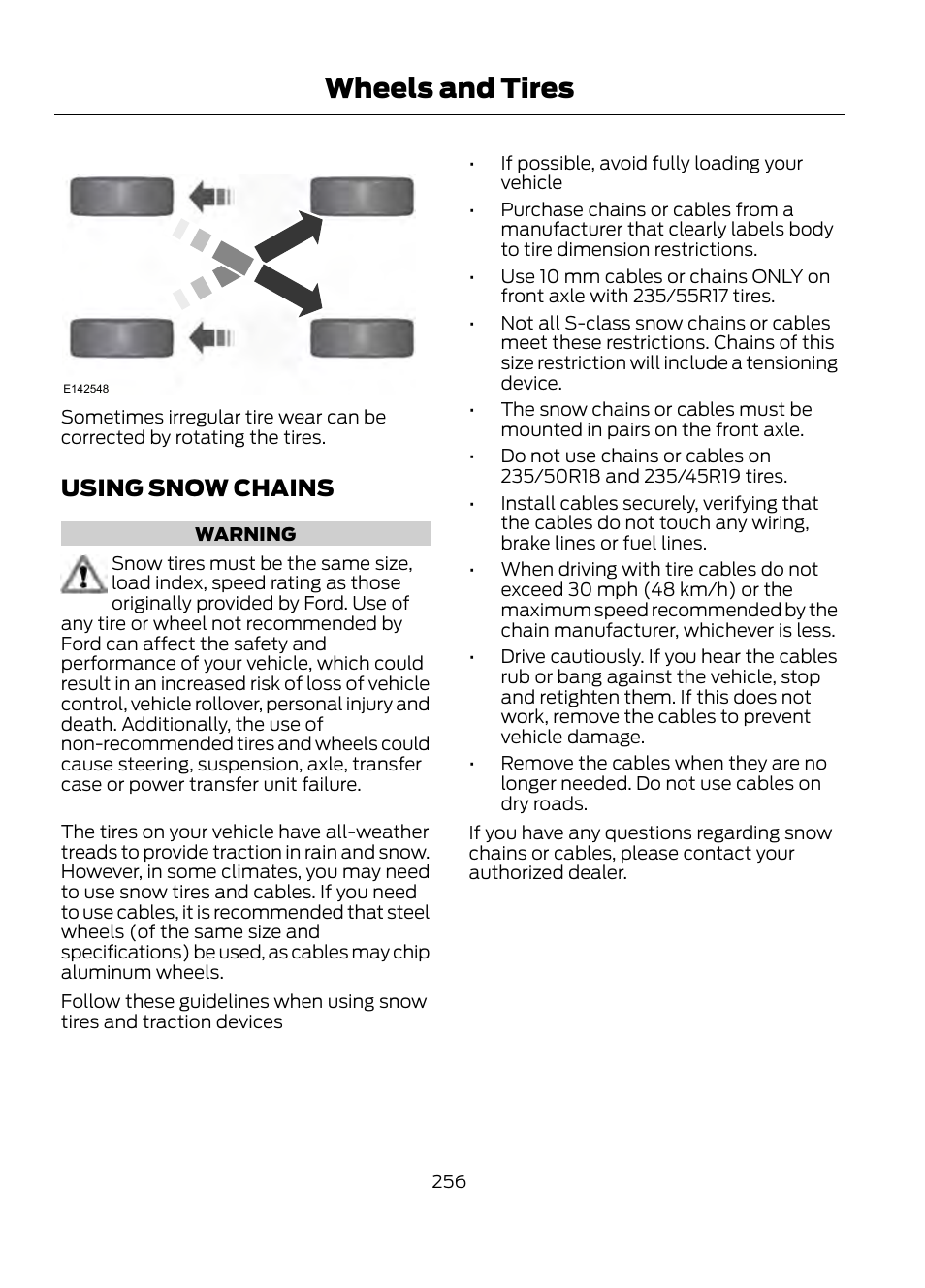 Using snow chains, Wheels and tires | FORD 2013 Escape v.1 User Manual | Page 256 / 423