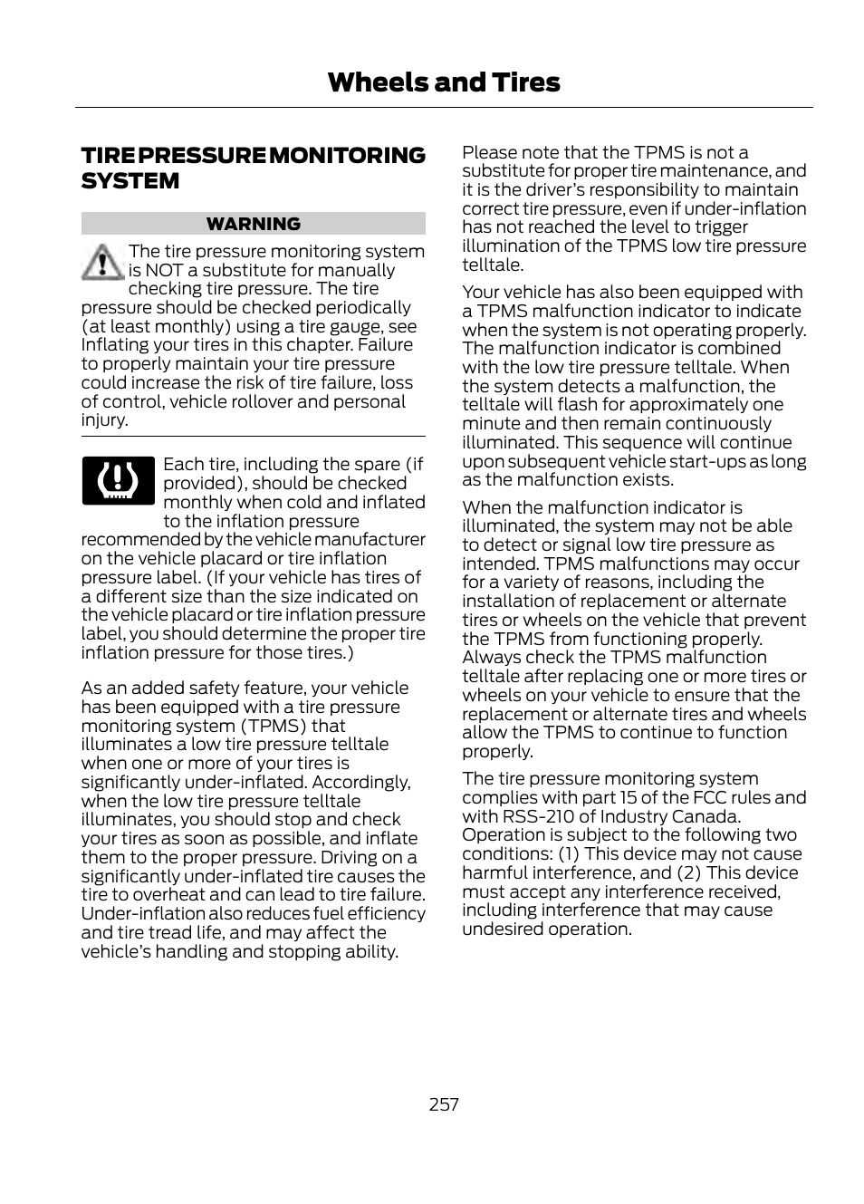 Tire pressure monitoring system, See tire pressure, See tire pressure monit | Wheels and tires | FORD 2013 Escape v.1 User Manual | Page 257 / 423