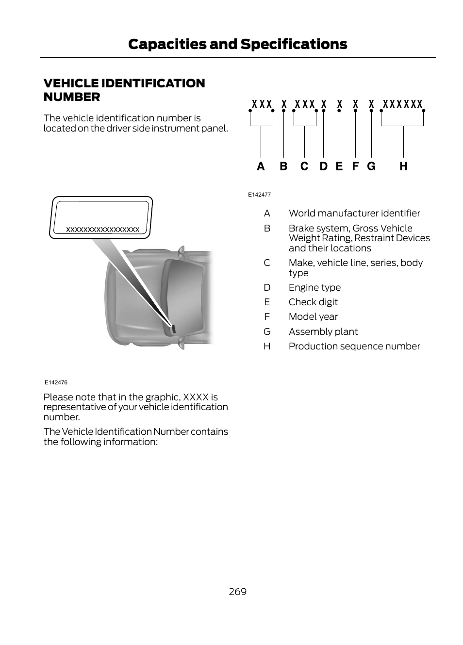 Vehicle identification number, Capacities and specifications | FORD 2013 Escape v.1 User Manual | Page 269 / 423