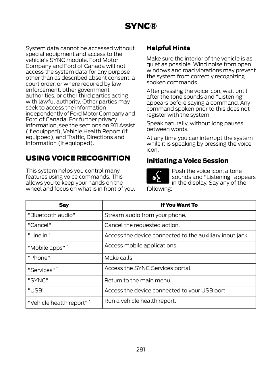 Using voice recognition, Sync, Helpful hints | Initiating a voice session | FORD 2013 Escape v.1 User Manual | Page 281 / 423
