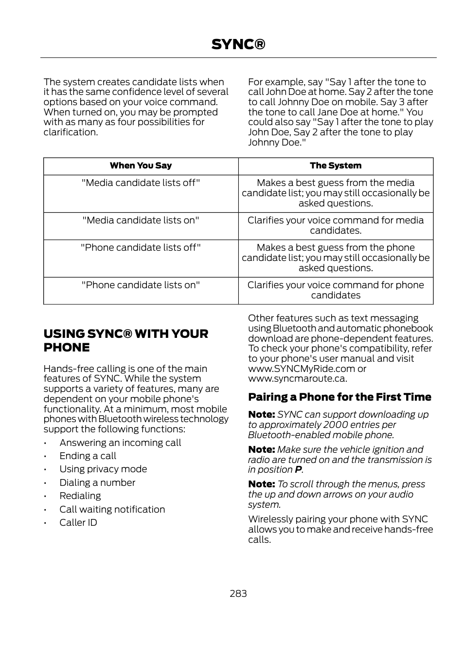 Using sync® with your phone, Sync | FORD 2013 Escape v.1 User Manual | Page 283 / 423
