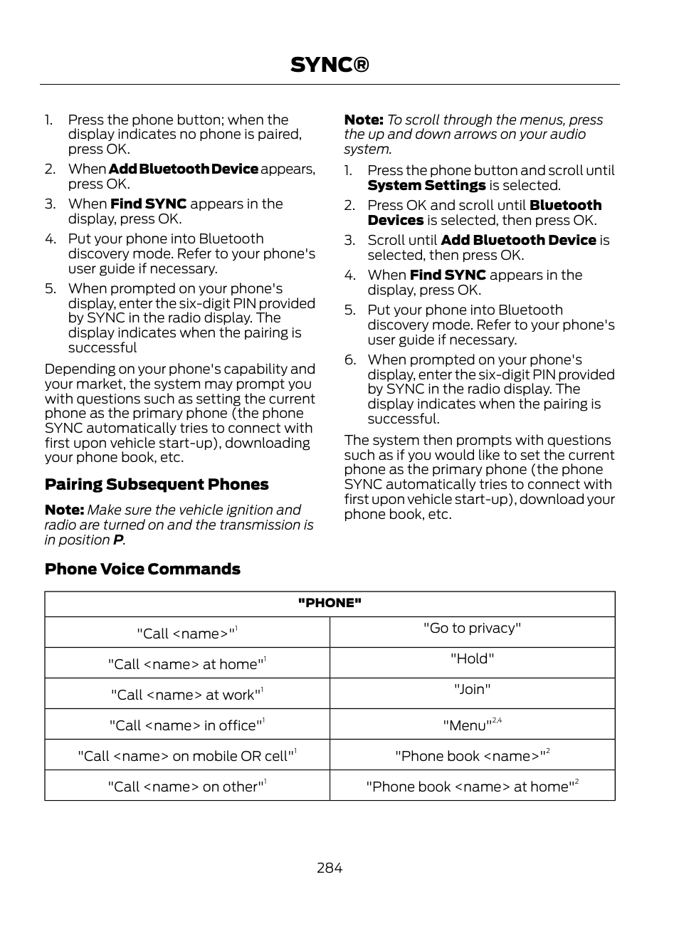 Sync, Pairing subsequent phones, Phone voice commands | FORD 2013 Escape v.1 User Manual | Page 284 / 423