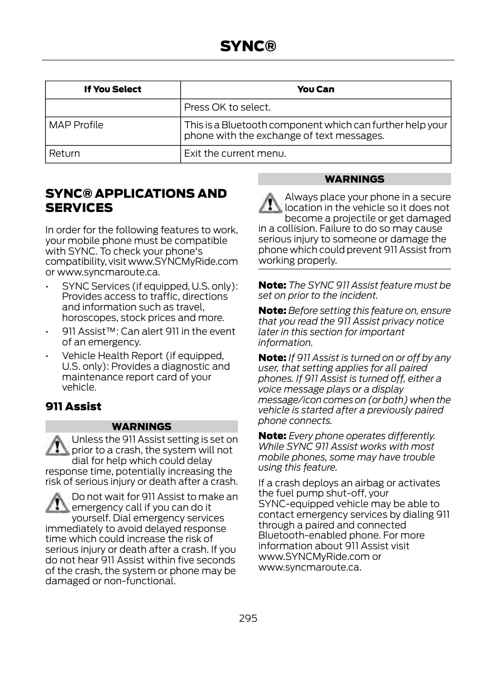 Sync® applications and services, Sync | FORD 2013 Escape v.1 User Manual | Page 295 / 423