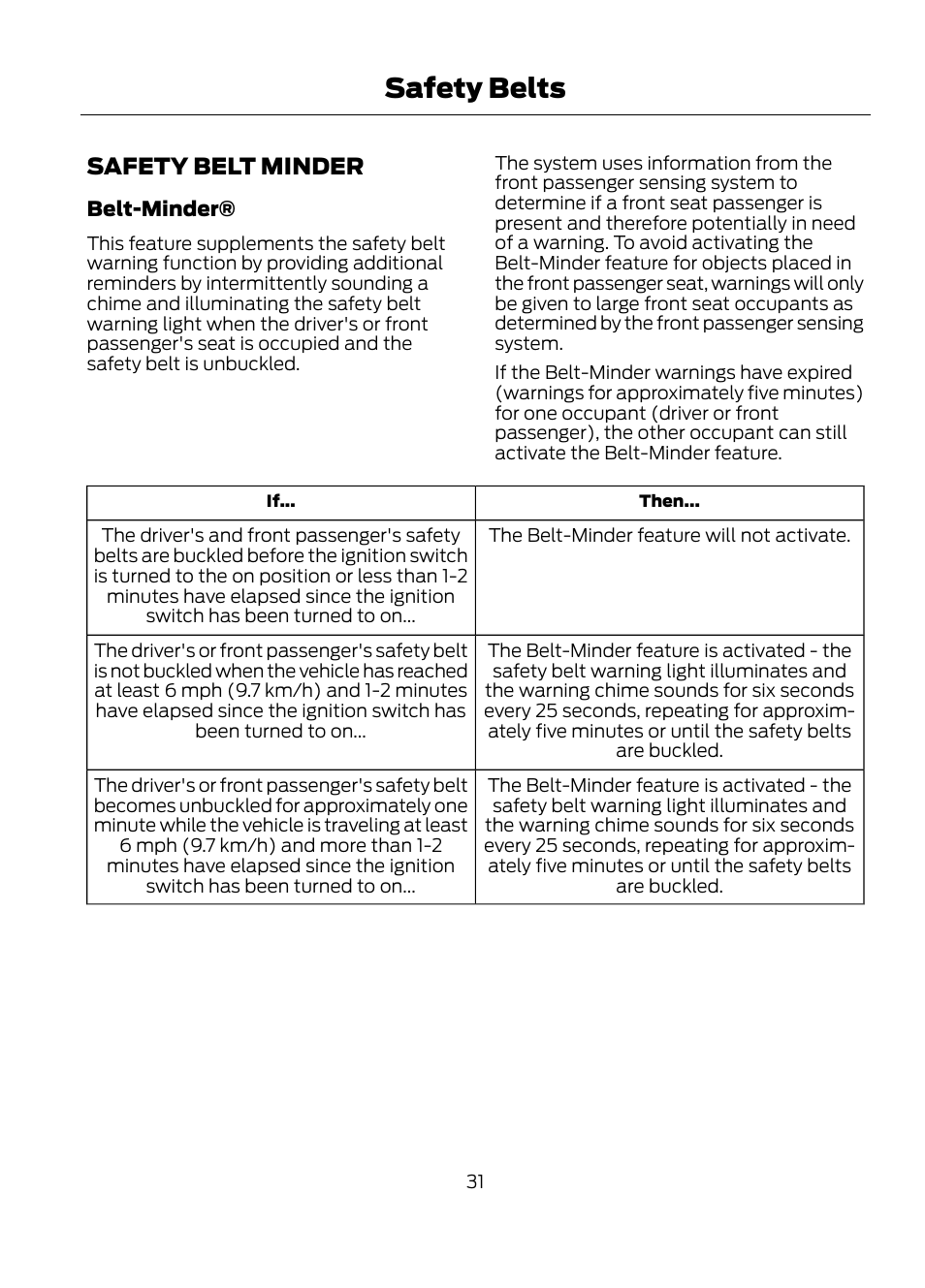 Safety belt minder, Safety belts | FORD 2013 Escape v.1 User Manual | Page 31 / 423