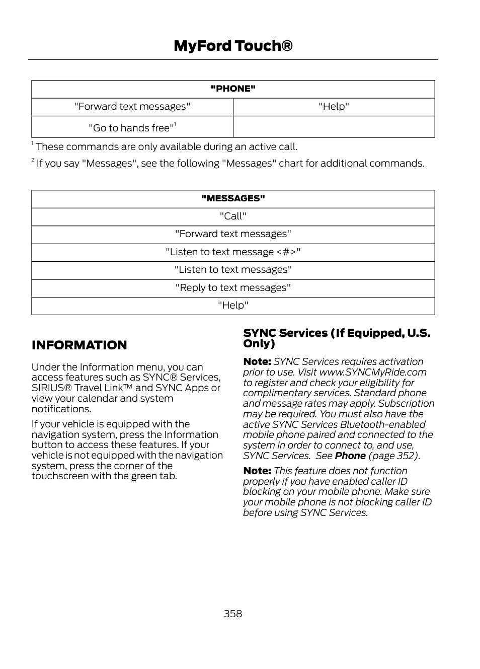 Information, Myford touch, Sync services (if equipped, u.s. only) | FORD 2013 Escape v.1 User Manual | Page 358 / 423