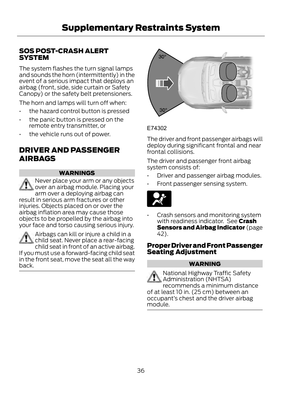 Driver and passenger airbags, Supplementary restraints system | FORD 2013 Escape v.1 User Manual | Page 36 / 423