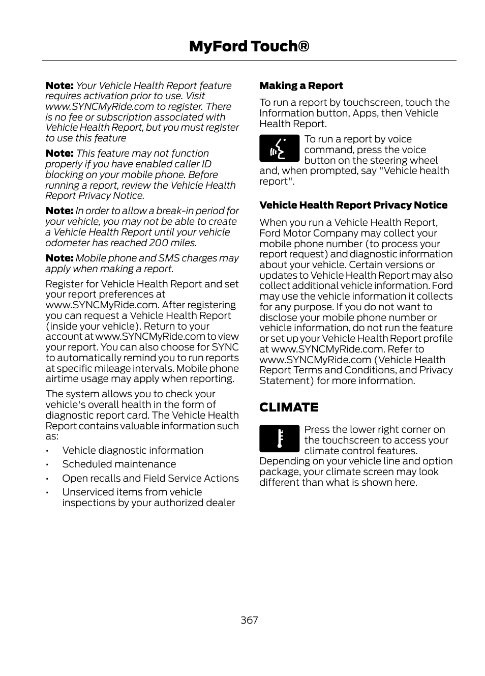 Climate, Myford touch | FORD 2013 Escape v.1 User Manual | Page 367 / 423