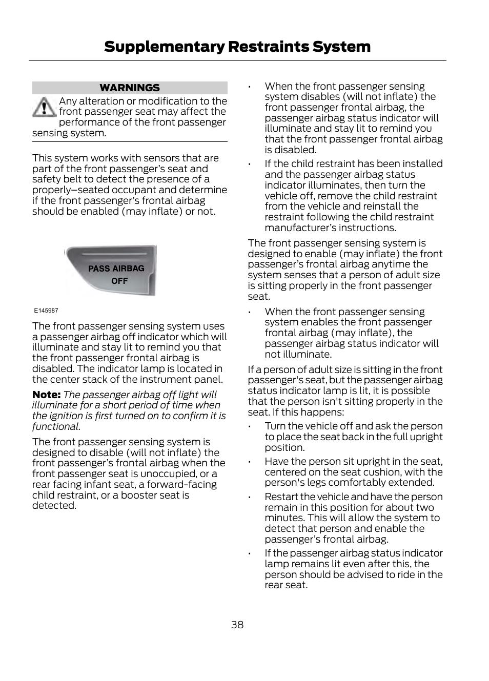 Supplementary restraints system | FORD 2013 Escape v.1 User Manual | Page 38 / 423