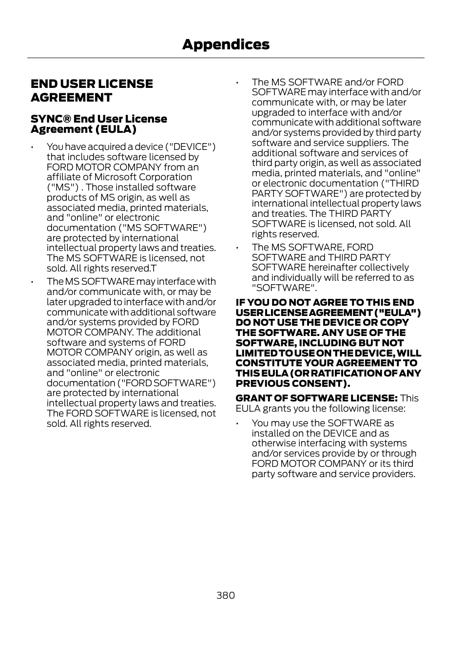 Appendices, End user license agreement | FORD 2013 Escape v.1 User Manual | Page 380 / 423