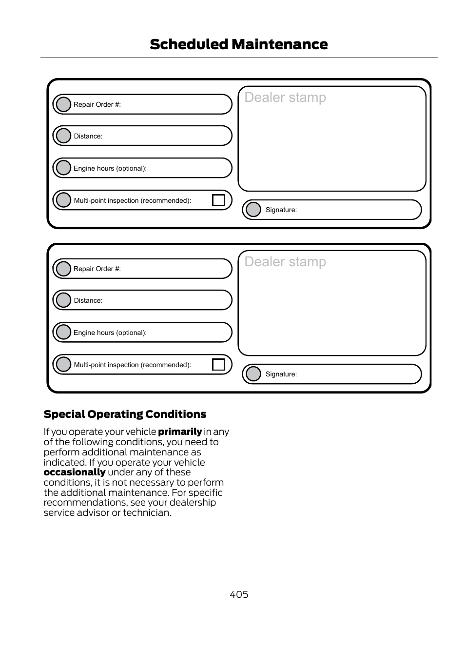 Dealer stamp, Scheduled maintenance, Special operating conditions | FORD 2013 Escape v.1 User Manual | Page 405 / 423