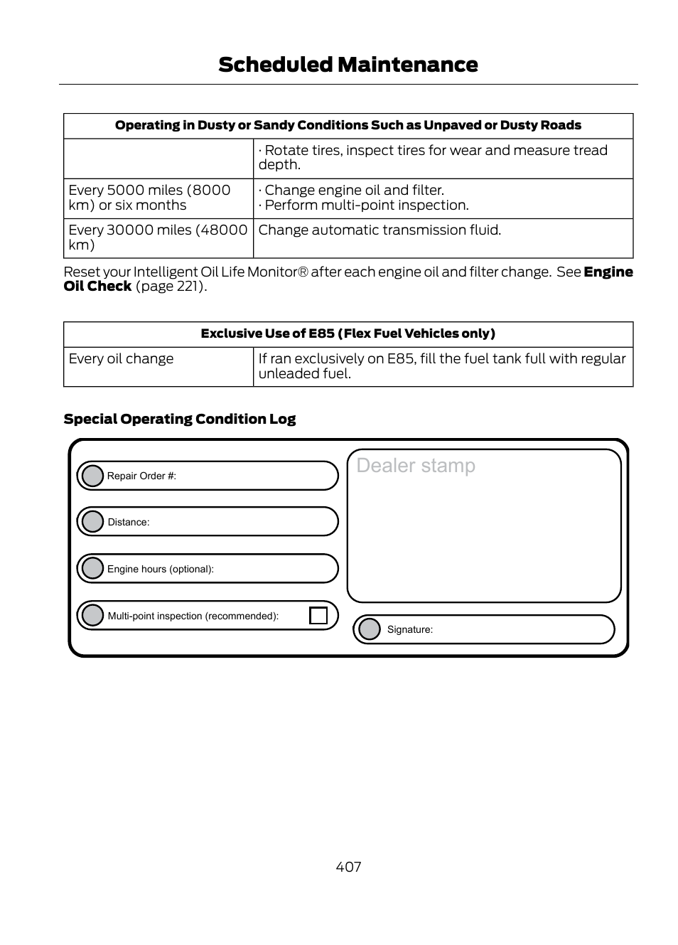 Dealer stamp, Scheduled maintenance | FORD 2013 Escape v.1 User Manual | Page 407 / 423