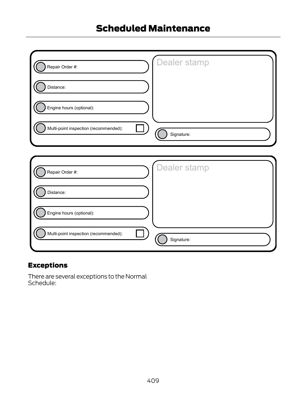 Dealer stamp, Scheduled maintenance, Exceptions | FORD 2013 Escape v.1 User Manual | Page 409 / 423