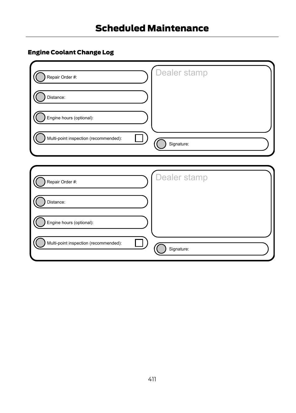 Dealer stamp, Scheduled maintenance | FORD 2013 Escape v.1 User Manual | Page 411 / 423