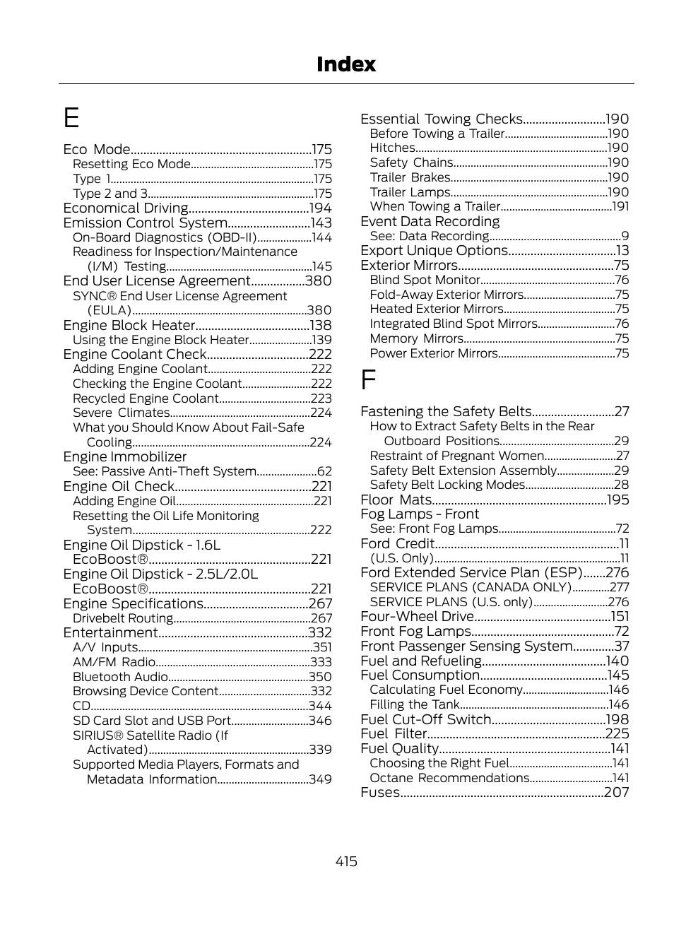 Index | FORD 2013 Escape v.1 User Manual | Page 415 / 423
