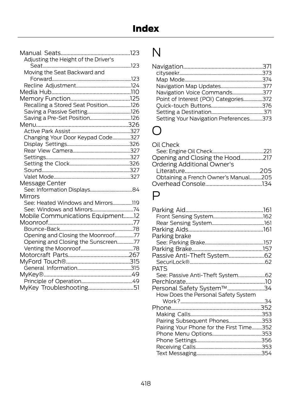 Index | FORD 2013 Escape v.1 User Manual | Page 418 / 423